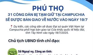 PHÚ THỌ: 31 CÔNG DÂN BỊ TẠM GIỮ TẠI CAMPUCHIA SẼ ĐƯỢC BÀN GIAO VỀ NƯỚC VÀO NGÀY 19/7