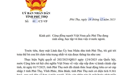 Thư thăm hỏi và chúc Tết cộng đồng người Việt Nam gốc Phú Thọ đang sinh sống, học tập và làm việc ở nước ngoài.