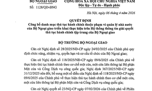 Quyết định số 1128/QĐ-BNG ngày 06/4/2026: Công bố danh mục thủ tục hành chính thuộc phạm vi quản lý nhà nước của Bộ Ngoại giao triển khai thực hiện trên Hệ thống thông tin giải quyết thủ tục hành chính tập trung của Bộ Ngoại giao