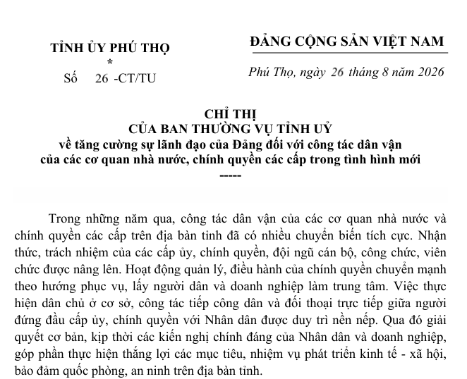 CHỈ THỊ CỦA BAN THƯỜNG VỤ TỈNH UỶ về tăng cường sự lãnh đạo của Đảng đối với công tác dân vận  của các cơ quan nhà nước, chính quyền các cấp trong tình hình mới
