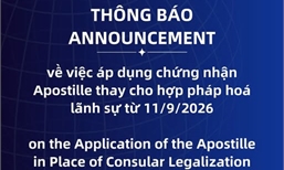 Đại sứ quán Việt Nam tại Trung Quốc xin thông báo về việc áp dụng chứng nhận Apostille thay cho hợp pháp hóa lãnh sự từ ngày 11/9/2026.